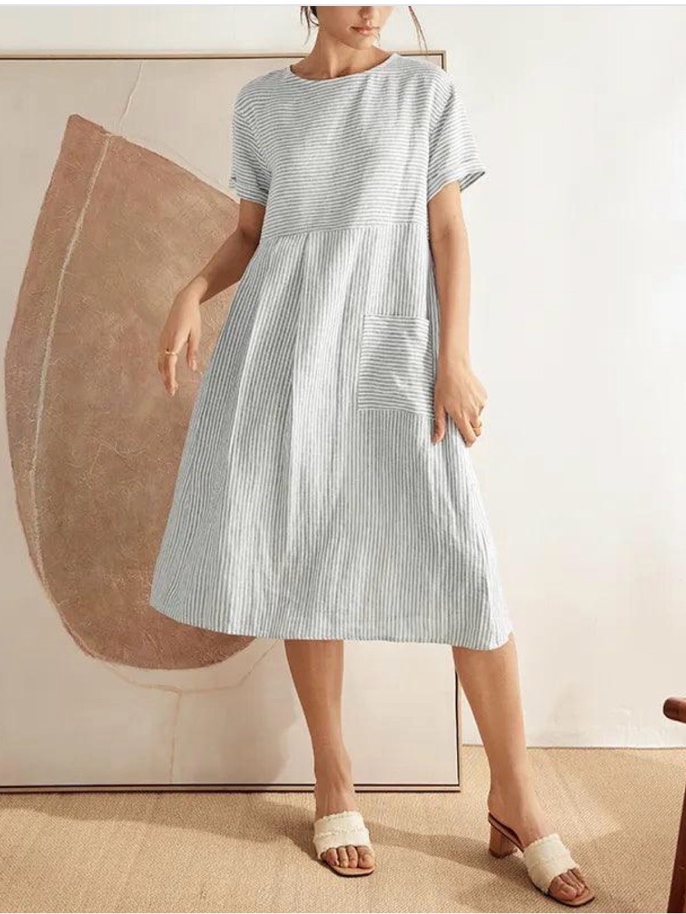 NEW Lintico 100% Linen Pinstripe Paneled Short-Sleeved Dress MORGAN Small